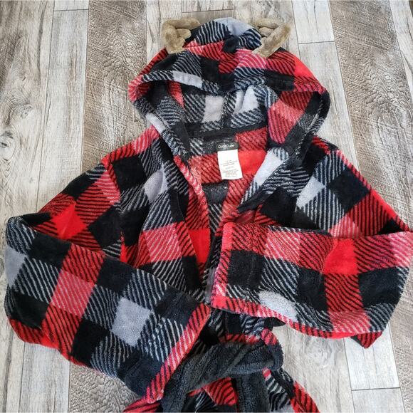 Cuddl Duds Hooded Robe Moose Antlers Youth Size Large Plaid Belted Animal Bath - Picture 7 of 9